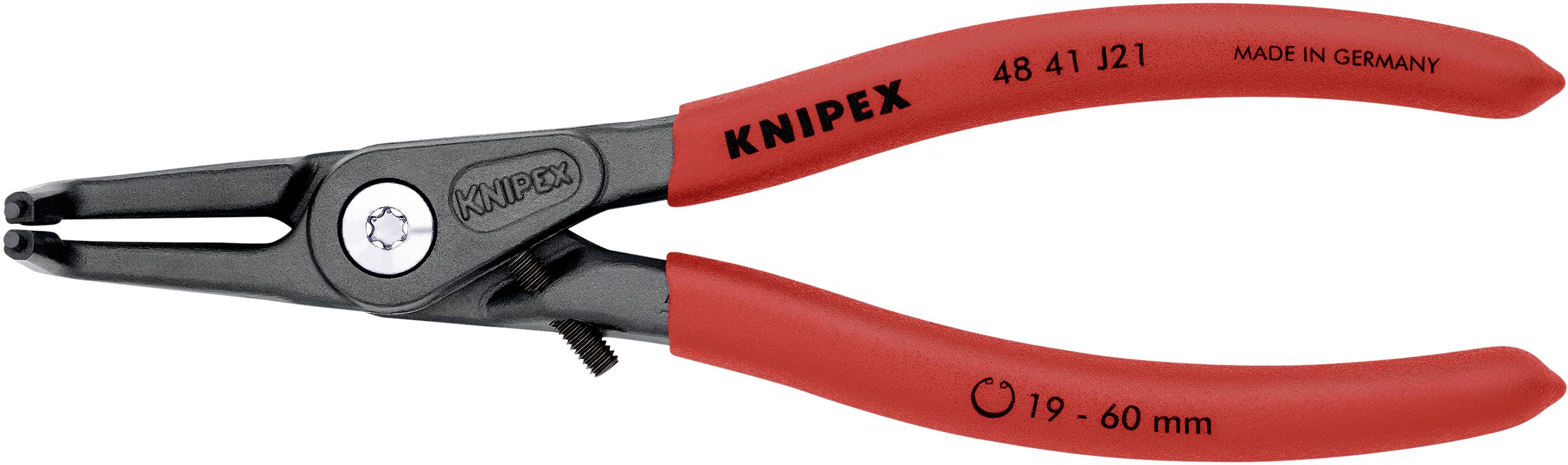 Kleště Knipex s červenou rukojetí a černou kovovou hlavou, vhodné pro rozměry 19-60 mm, s nápisem 'MADE IN GERMANY'.