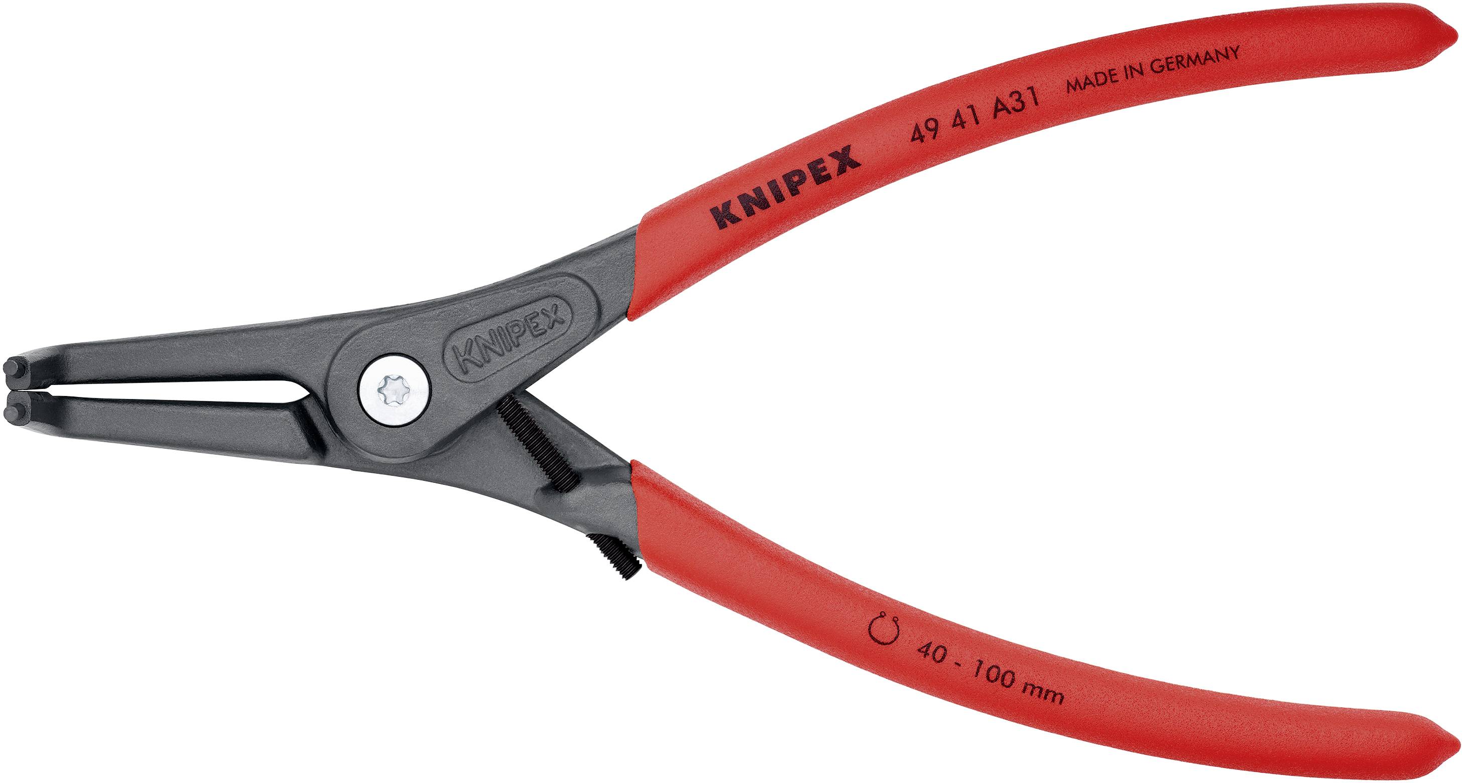 Červené čelisti na pojistné kroužky s černou rukojetí, vhodné pro kroužky o průměru 40-100 mm. Značení: 'Knipex', 'Made in Germany'.