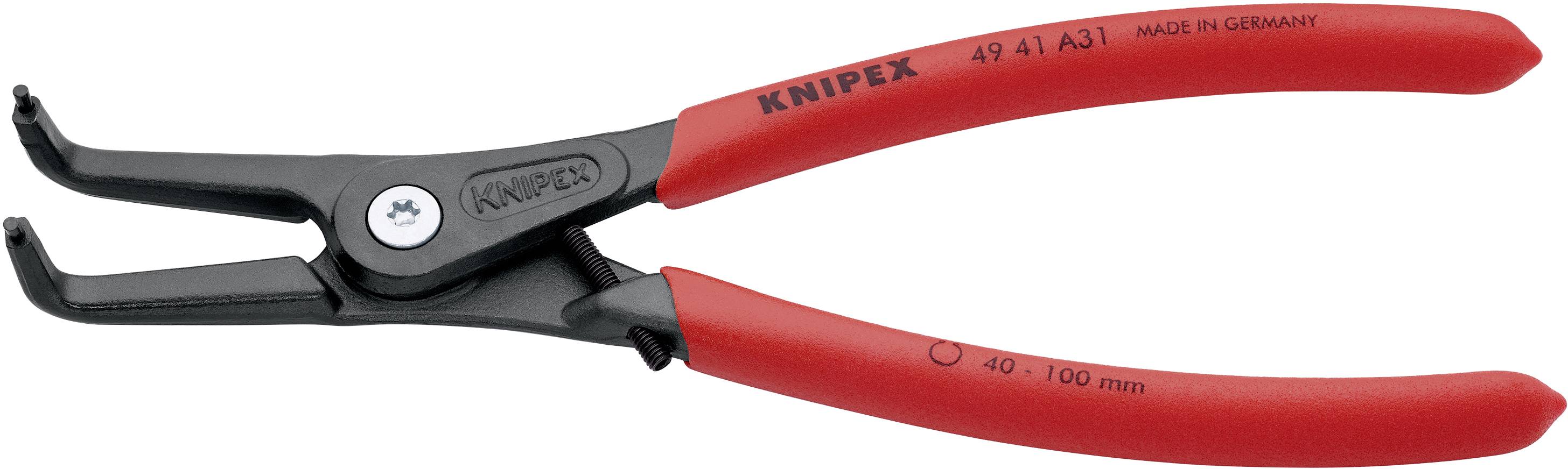 'Červené kleště Knipex na pojistné kroužky, model 49 41 A31, pro průměr 40-100 mm, vyrobeno v Německu.'