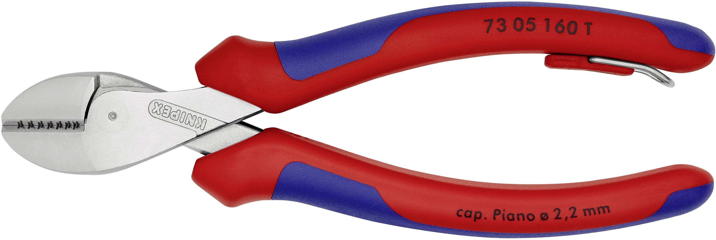 Červené a modré boční štípací kleště s nápisem 'KNIPEX 73 05 160 T', vhodné pro řezání tvrdých drátů až do průměru 2,2 mm.