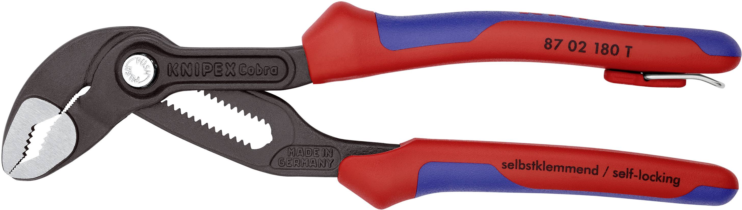 Červené a modré instalatérské kleště s ozubenými čelistmi a pákou. Číslo modelu: 87 02 180 T. Označení: 'samosvorné/self-locking'.