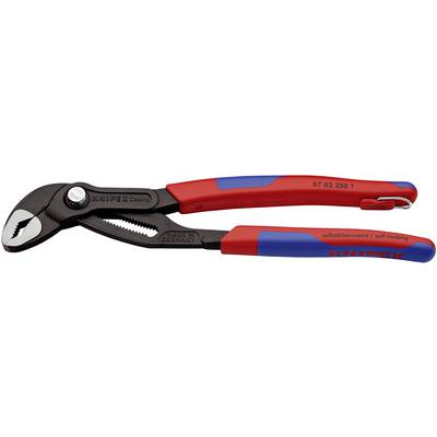 Instalatérské kleště 'KNIPEX Cobra' s ergonomickými rukojeťmi a samosvorným mechanismem, vhodné pro práci s potrubím a šrouby.