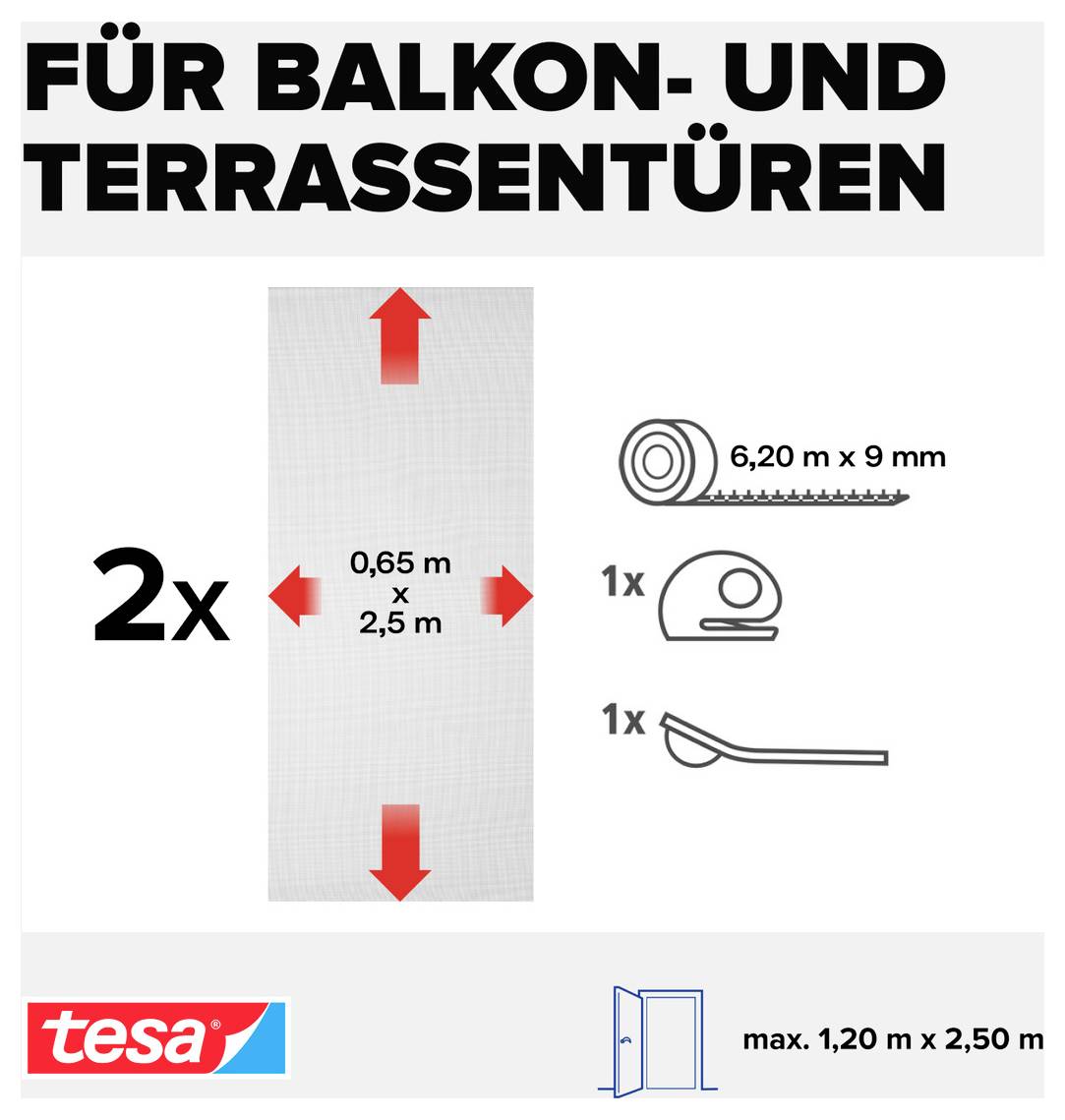 Infografika pro balkónové a terasní dveře: 2 role síťoviny proti hmyzu 0,65 x 2,5 m, upevnění s 1x páskou na suchý zip 6,20 m x 9 mm, 1x grifu a 1x kartáč, vhodné až do max. 1,20 x 2,50 m.