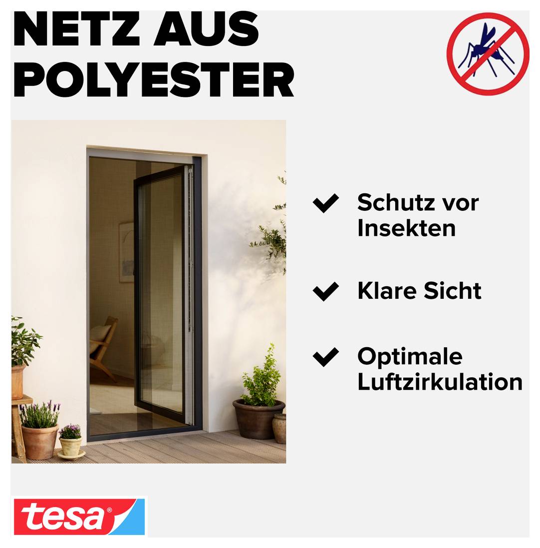 Reklamní obrázek pro 'Polyesterová síť' na dveřích s moskitierou; výhody: ochrana před hmyzem, čirý výhled, optimální cirkulace vzduchu.