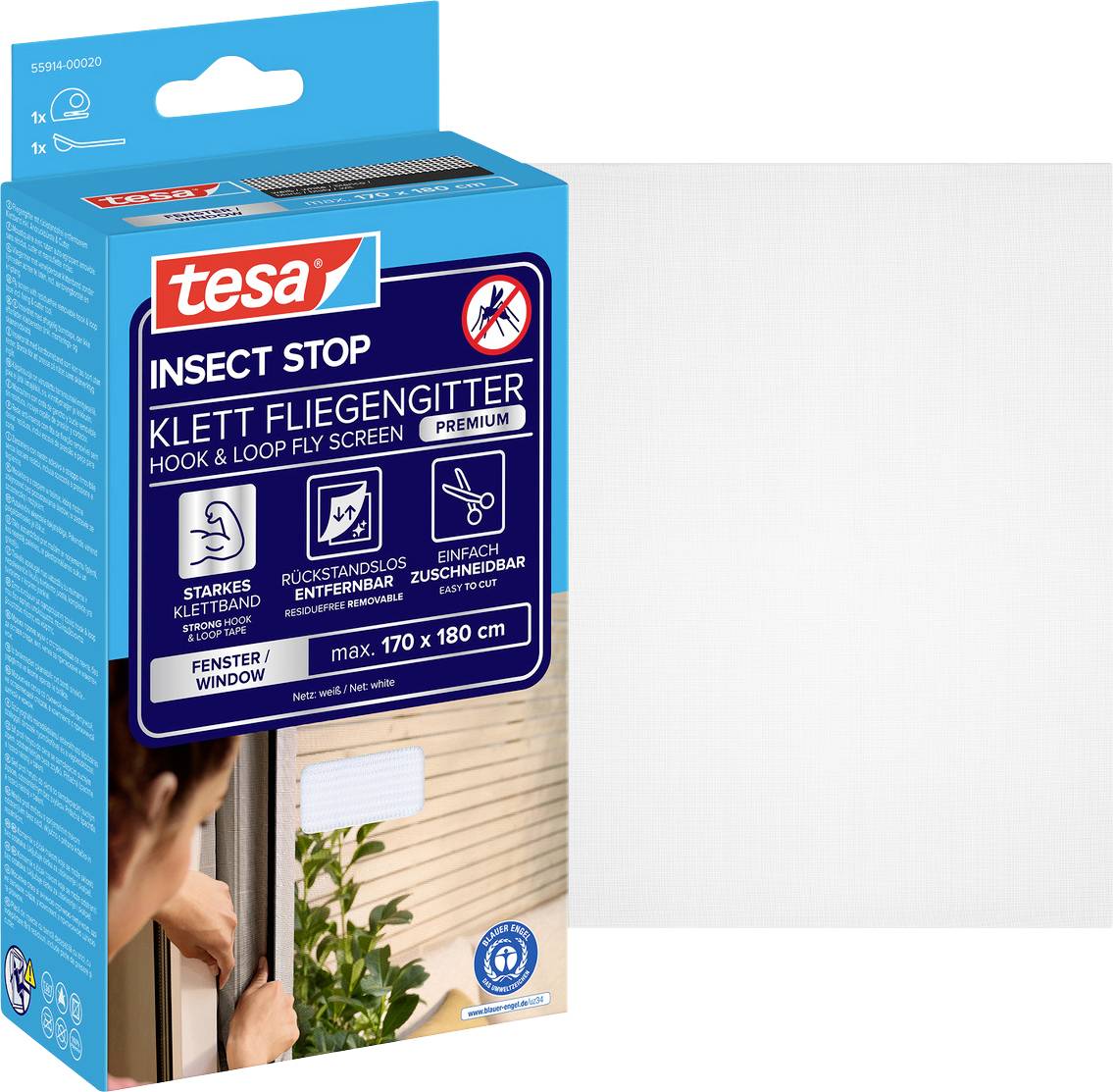 Balení tesa Insect Stop háčků a smyček letové síťky, prémiová ochrana oken pro okna až do rozměru 170 x 180 cm, s instalačními ikonami a fotografií produktu.
