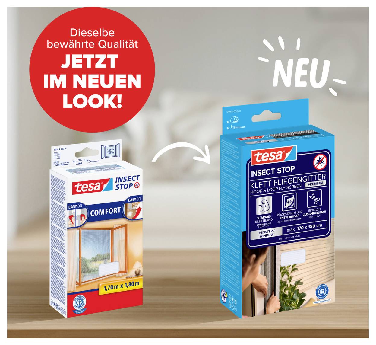 Reklama zobrazuje staré a nové balení tesa Insect Stop se šipkou; Text: „Stejná osvědčená kvalita nyní v novém designu!" a „NOVÉ".