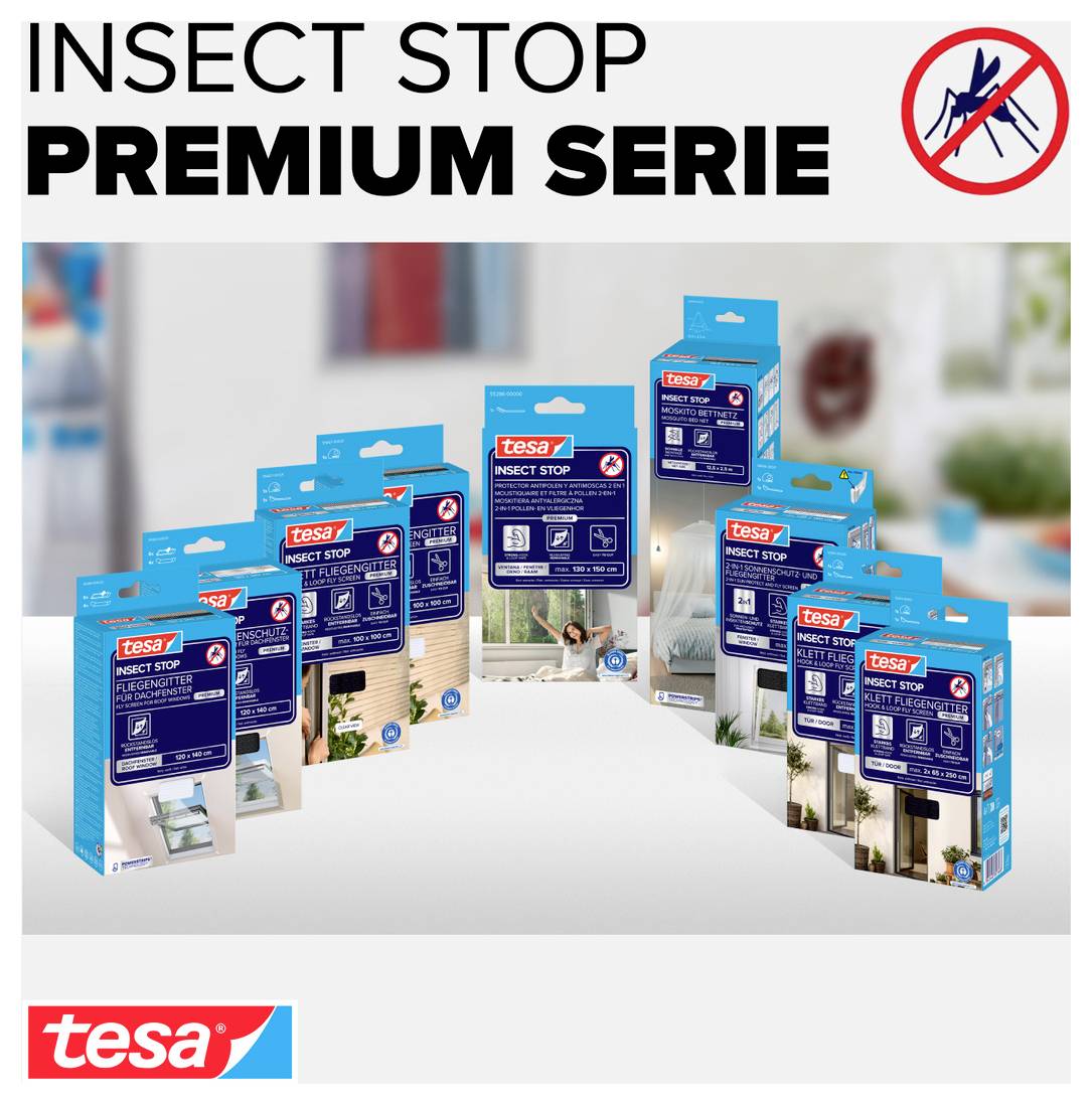 Reklamní obrázek pro řadu „INSECT STOP PREMIUM SERIE" od společnosti tesa s různými produkty na ochranu před hmyzem v modrých obalech a symbolem komára.