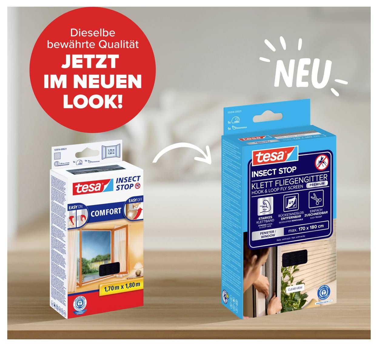 Reklamní grafika: vlevo stará a vpravo nová tesa Insektenschutz-Verpackung, šipka mezi nimi; Text: 'Stejná osvědčená kvalita nyní v novém vzhledu!' a 'NOVÉ'.
