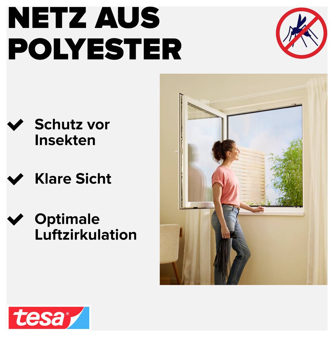 Reklamní grafika pro "Síť z polyesteru" se symbolem ochrany před hmyzem; zmiňuje ochranu před hmyzem, jasný výhled a optimální cirkulaci vzduchu, vedle ženy u otevřeného okna se sítí.