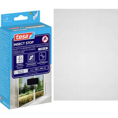 tesa Insect Stop sada háčků a smyček na suchý zip pro otevíratelné okna s letním sítěm, zobrazena s bílým síťovým panelem a krabicí produktu