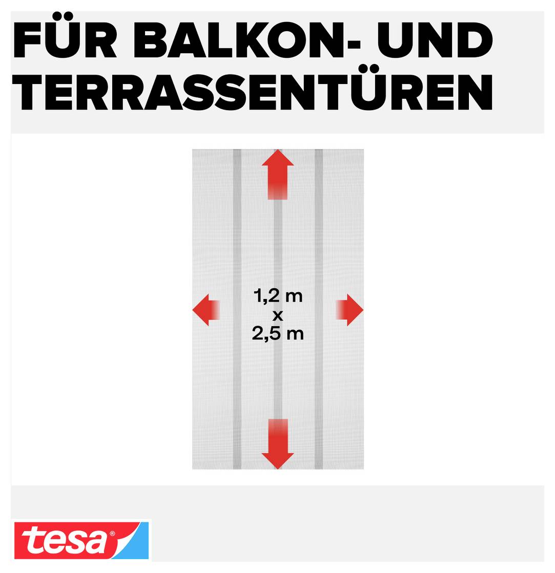 Reklamní grafika pro balkonové a terasové dveře: světlá síťka proti hmyzu 1,2 x 2,5 m s červenými šipkami směřujícími nahoru, dolů a na strany.