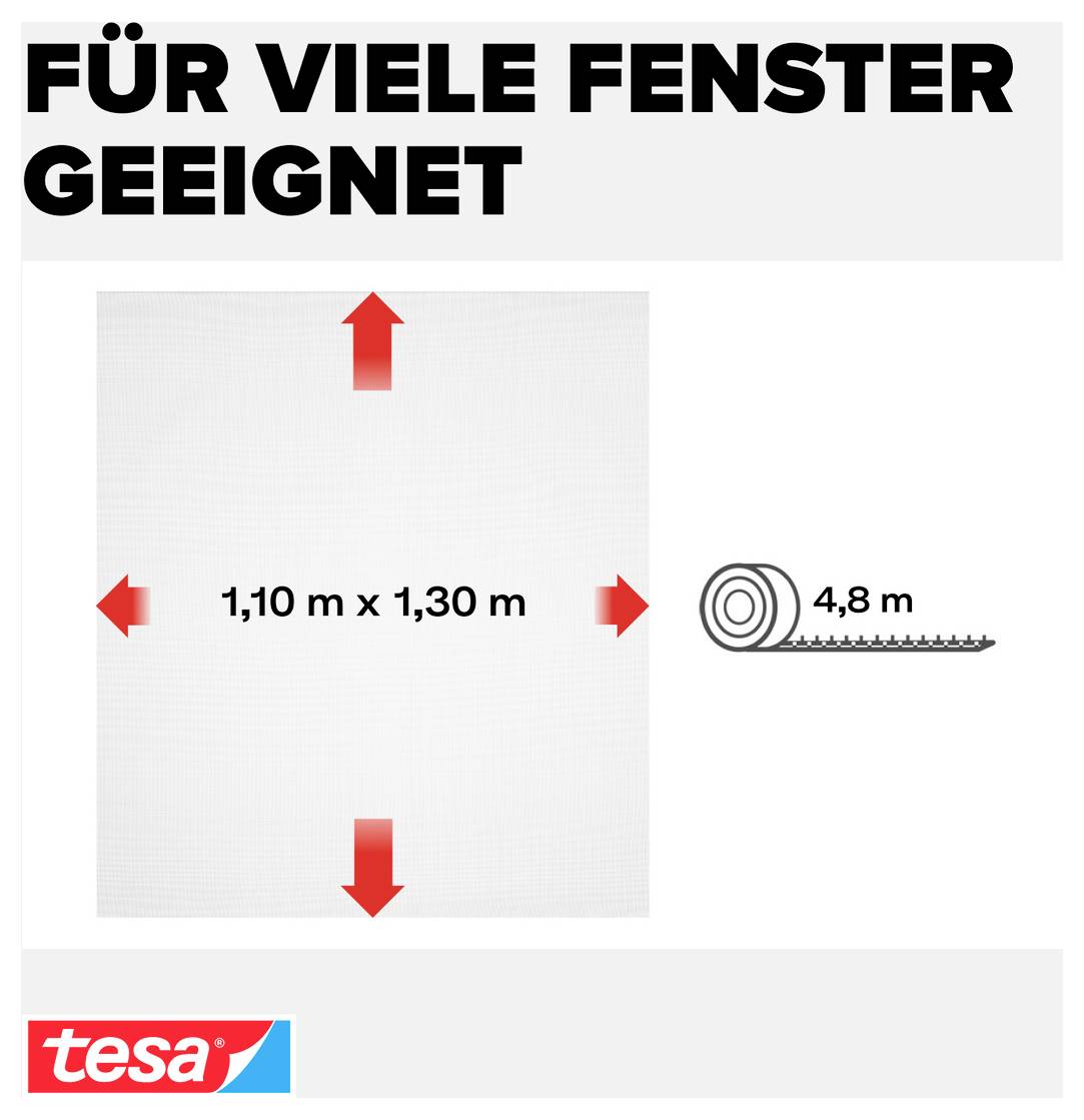 Infografika: 'VHODNÉ PRO MNOHO OKEN'; zobrazuje krytí oken 1,10 m x 1,30 m a 4,8 m lepící pásky od společnosti tesa.