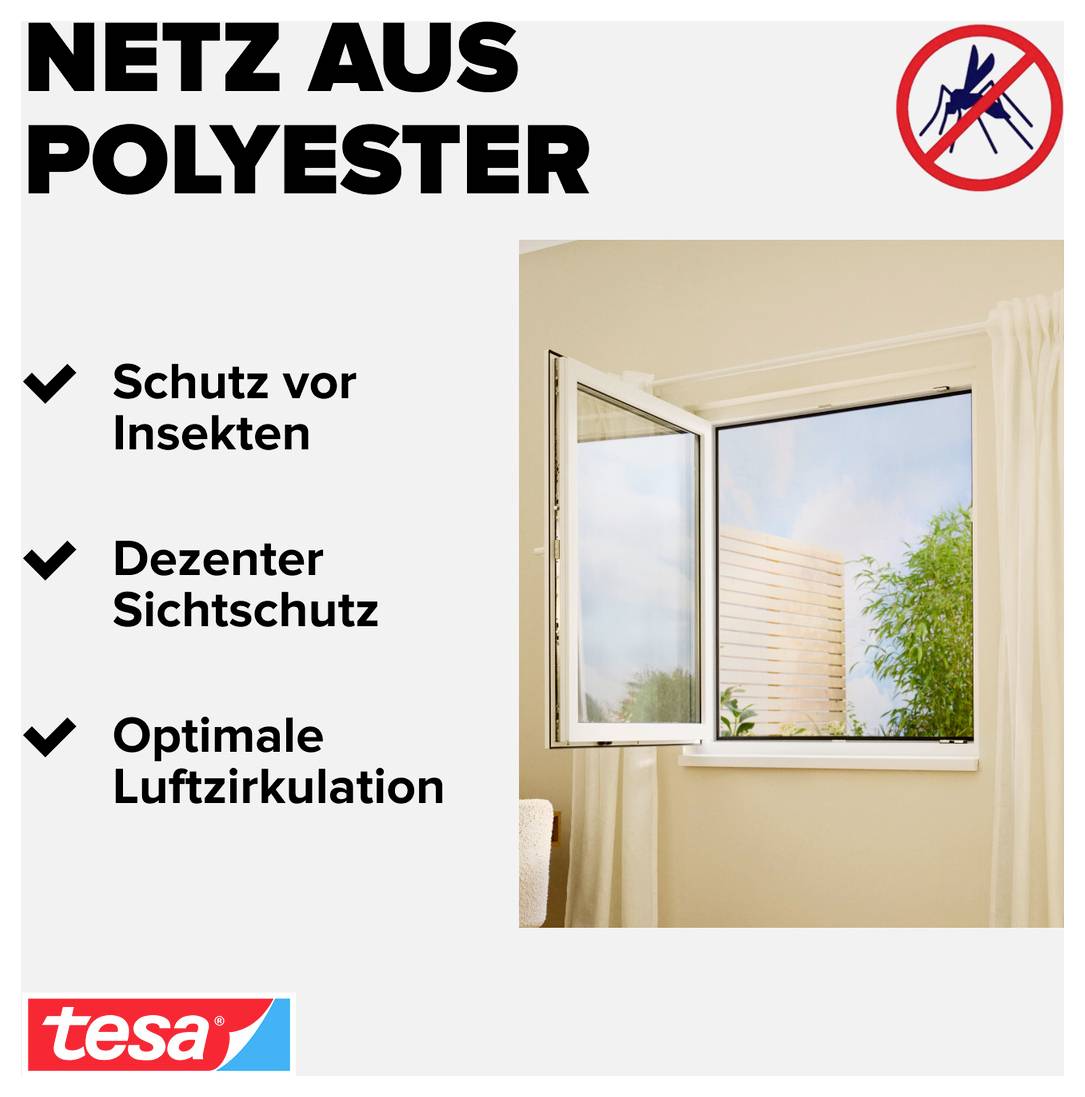 Reklamní plakát pro 'Síť z polyesteru' od tesa s otevřeným oknem; zmiňuje ochranu před hmyzem, diskrétní ochranou antes pohledů a optimální cirkulaci vzduchu.