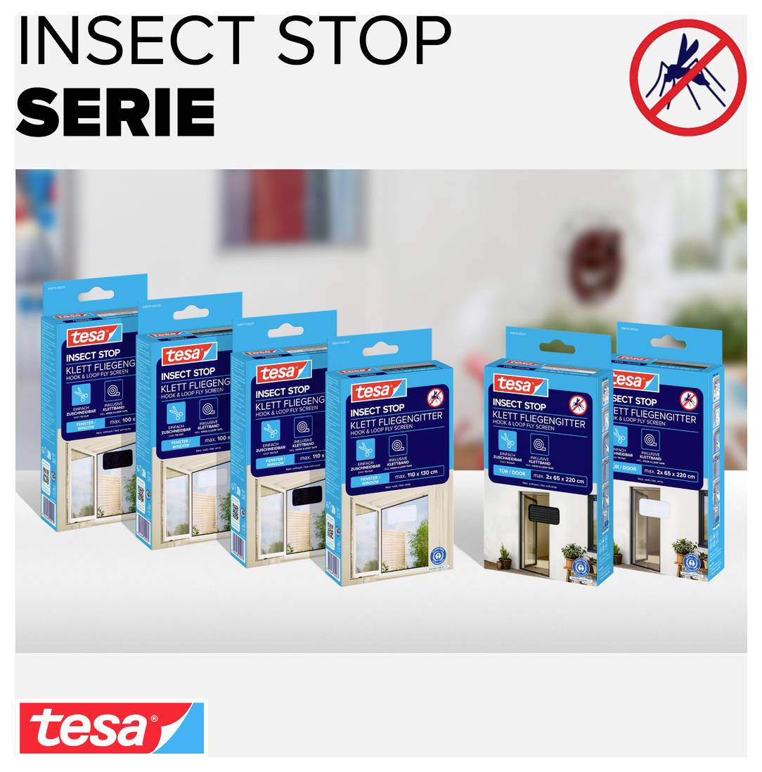 Reklamní obrázek řady tesa Insect Stop s několika produkty na ochranu před hmyzem pro suchý zip na okenní mřížky a symbolem upozornění proti hmyzu.