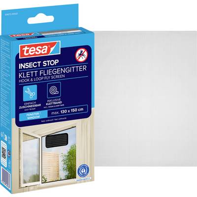 Balení pro tesa Insect Stop lepicí páska na hmyz, snadno se stříhá a připevňuje na okna, max 130 x 150 cm, zobrazeno s příkladem okna.