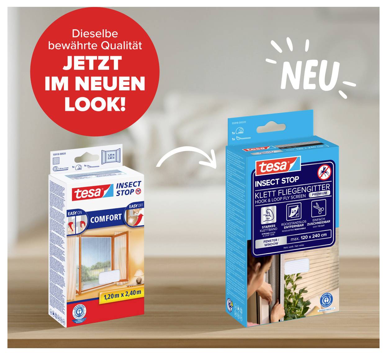 Reklamní inzerát pro tesa Ochrana proti hmyzu: stará balení vlevo a nový modrý design vpravo, s poznámkou "Stejná osvědčená kvalita, nyní v novém vzhledu!" a "Nové".