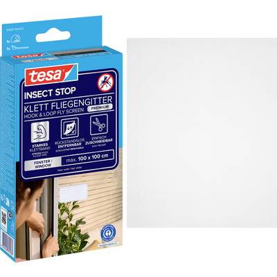 Balení tesa Insect Stop Klett Fliegengitter premium, háčkovitého okénního sítě proti hmyzu se suchým zipem, zobrazené s prázdnou bílou displayovou plochou vedle něj.