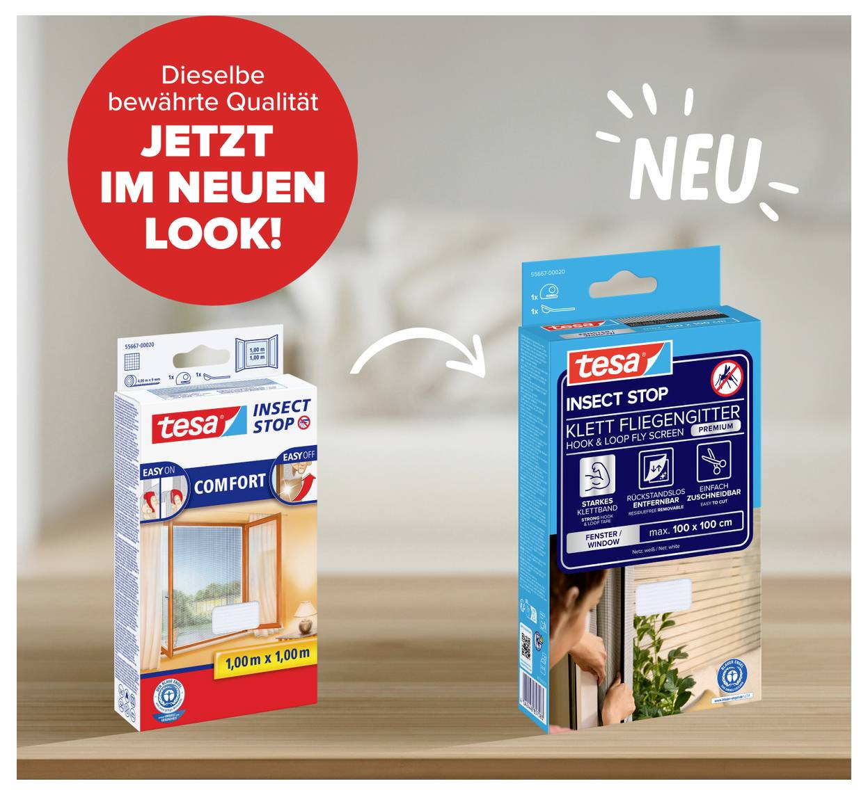 Reklamní inzerát pro tesa Insektenschutz: starý karton vlevo, nový design balení vpravo, s poznámkou „Stejná osvědčená kvalita nyní v novém vzhledu!" a „NOVÝ".