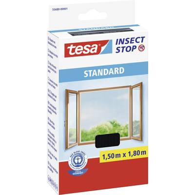 Produktová obaly tesa Insect Stop Standard ukazuje otevřené okno s ochrannou sítí proti hmyzu. Rozměr: 1,50 m x 1,80 m.