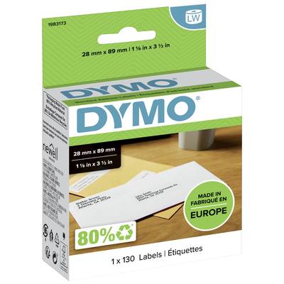 Obal role štítků DYMO, 28 mm x 89 mm, 130 štítků. Obsahuje upozornění '80 % recyklovatelné' a 'Vyrobeno v Evropě'.
