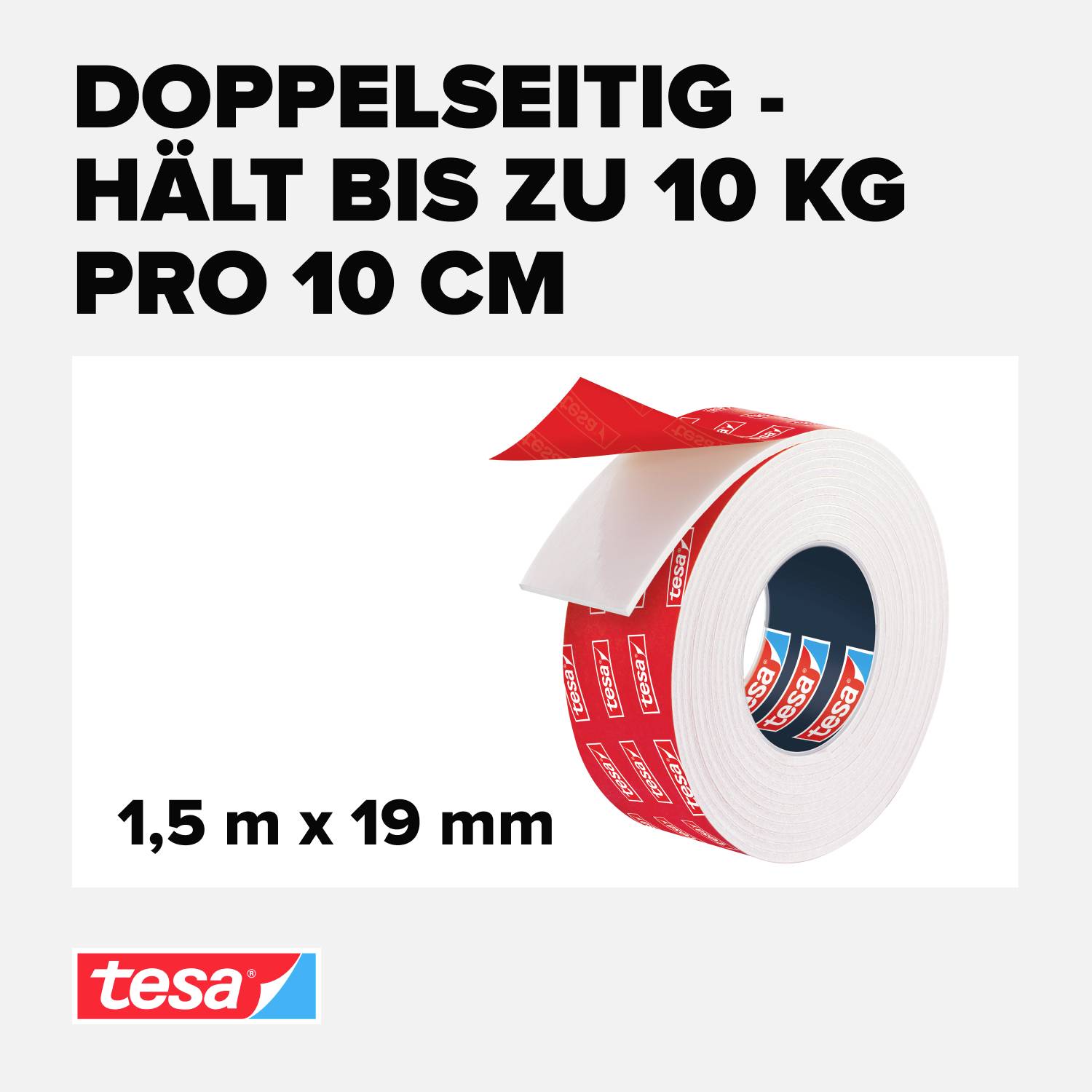 Oboustranná lepicí páska Tesa, 1,5 m x 19 mm, udrží až 10 kg na 10 cm.