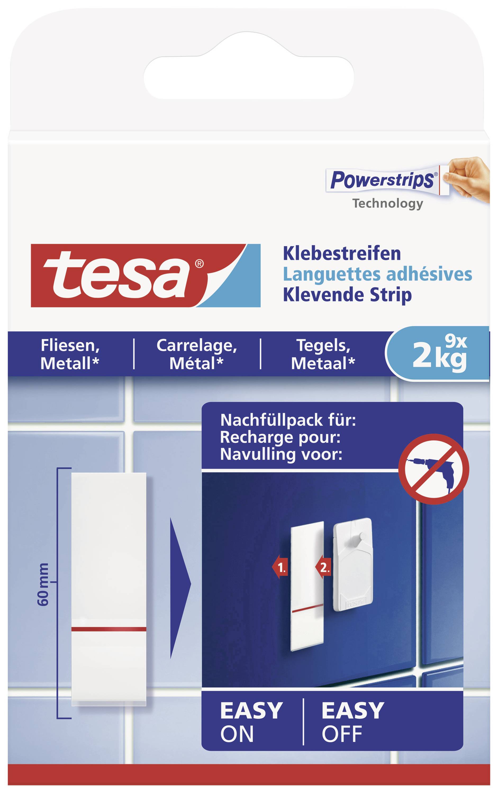 Obal produktu "tesa Powerstrips", zobrazující použití na dlažbě/kovu. Označeno "SNADNÉ NASAZENÍ" a "SNADNÉ SEJMUTÍ". Hmotnost 2 kg.