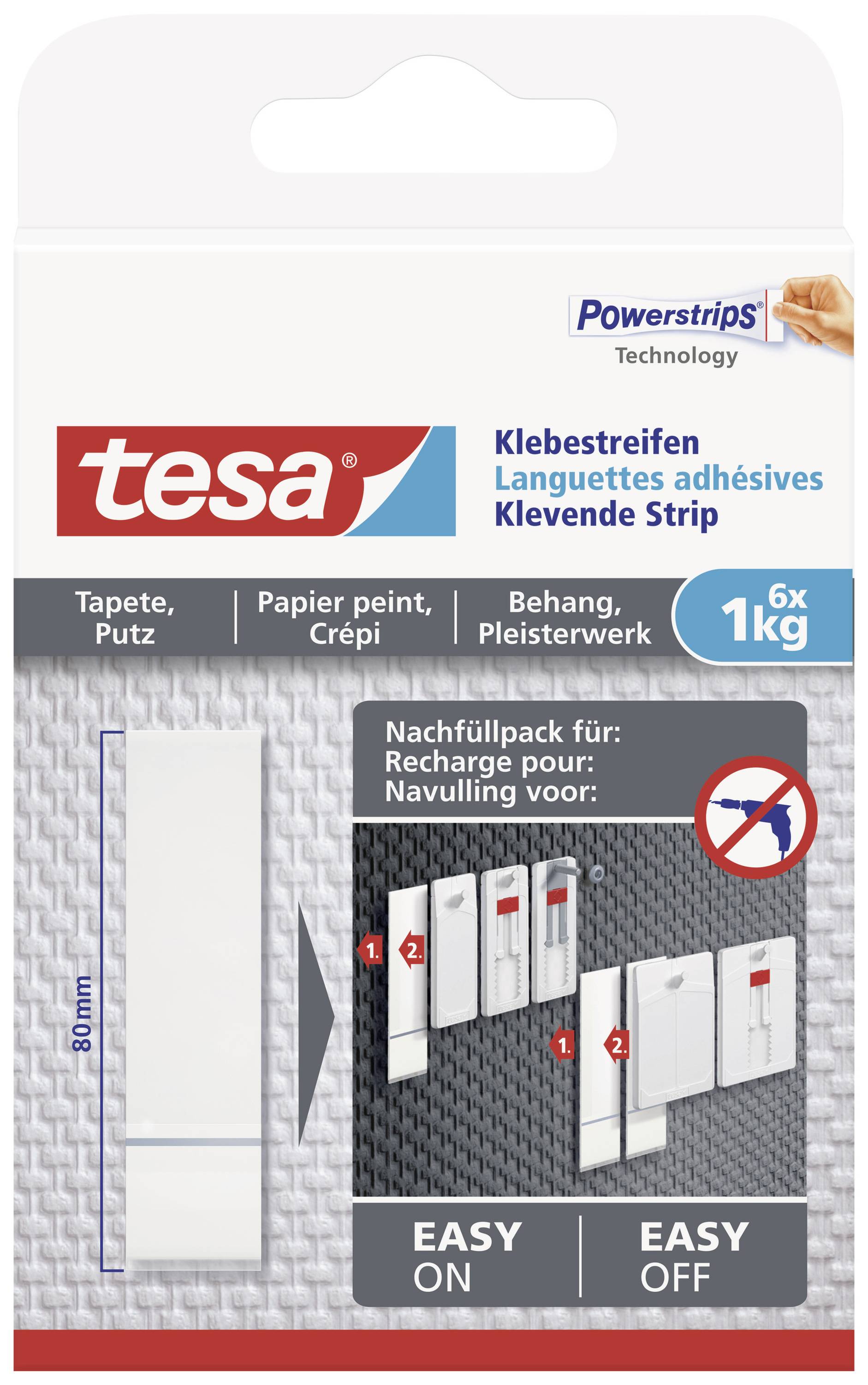 Balení tesa lepicích pásek pro tapety a omítky. Zobrazuje aplikační kroky pro snadné nalepení a odstranění. Zatížitelné až do 1 kg.