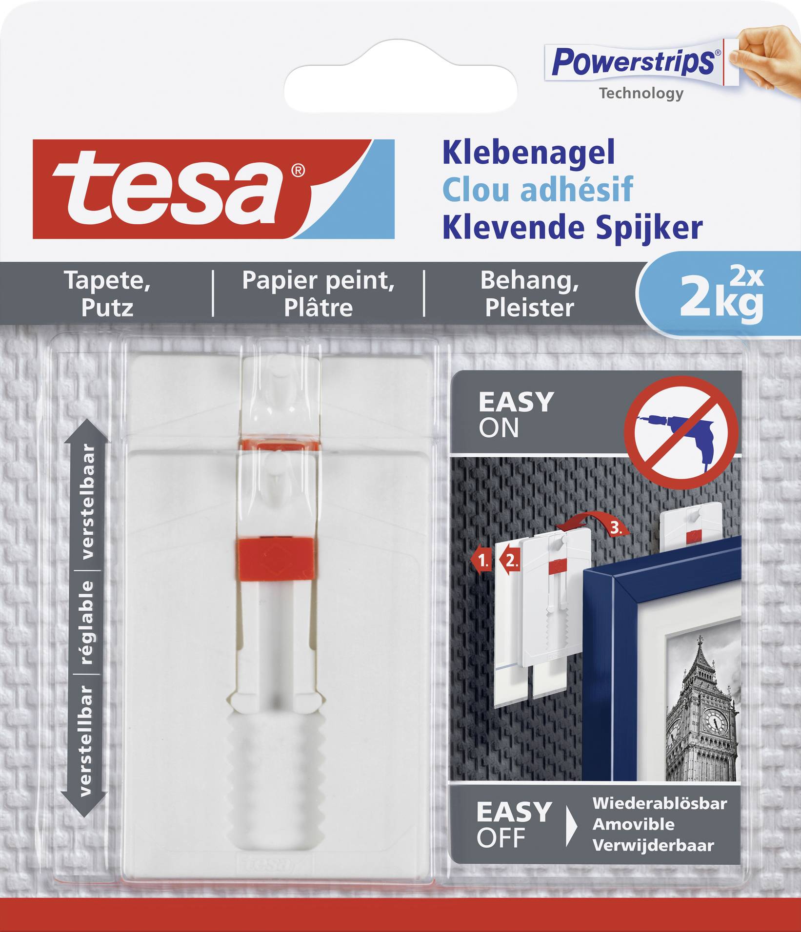 Balení tesa lepicích hřebíků, vhodných pro tapety a omítku, s nosností 2x2 kg. Obsahuje pokyny pro snadnou instalaci a odstranění.