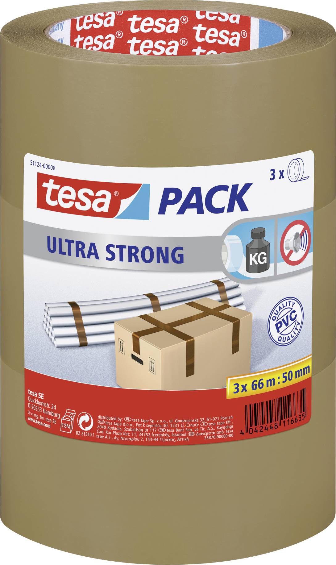 Balicí páska 'tesa ultra strong', 3 role, 66m x 50mm. Vhodná pro těžké krabice. Bez PVC s lepidlem bez obsahu rozpouštědel.