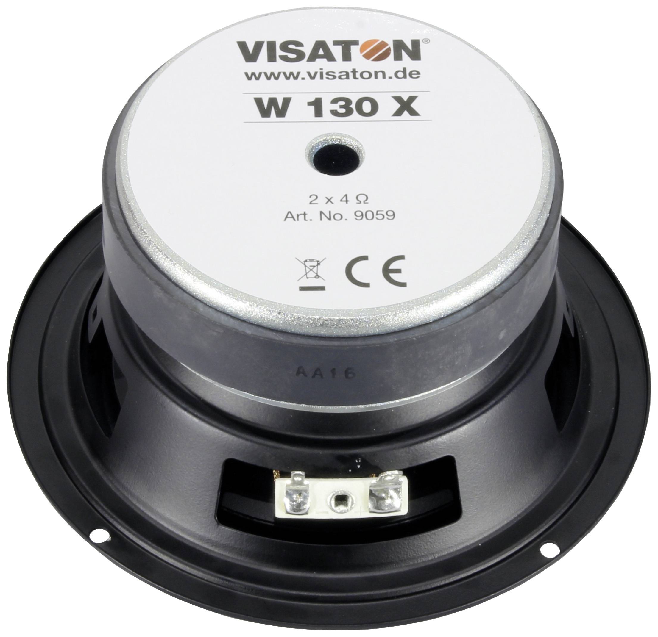 Reproduktor značky Visaton, model W 130 X. Kulatý tvar, šedý kryt s logem značky a technickými údaji viditelnými nahoře.
