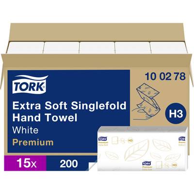 Balení papírových ručníků Tork Extra Soft Singlefold, bílé prémiové kvality, H3, krabice 15 x 200 kusů zobrazená otevřená s obrázkem produktu.