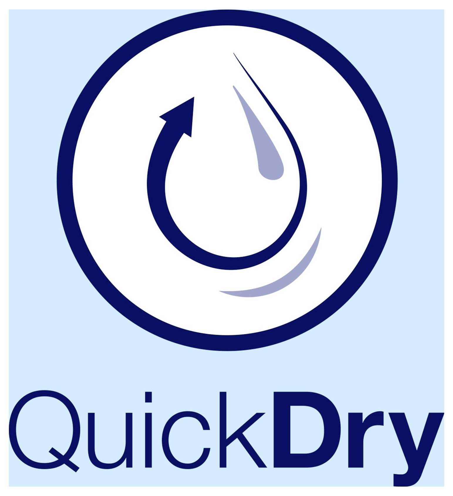 Logo s nápisem 'QuickDry' a kapkovitým symbolem šipky, který naznačuje rychlé sušení.