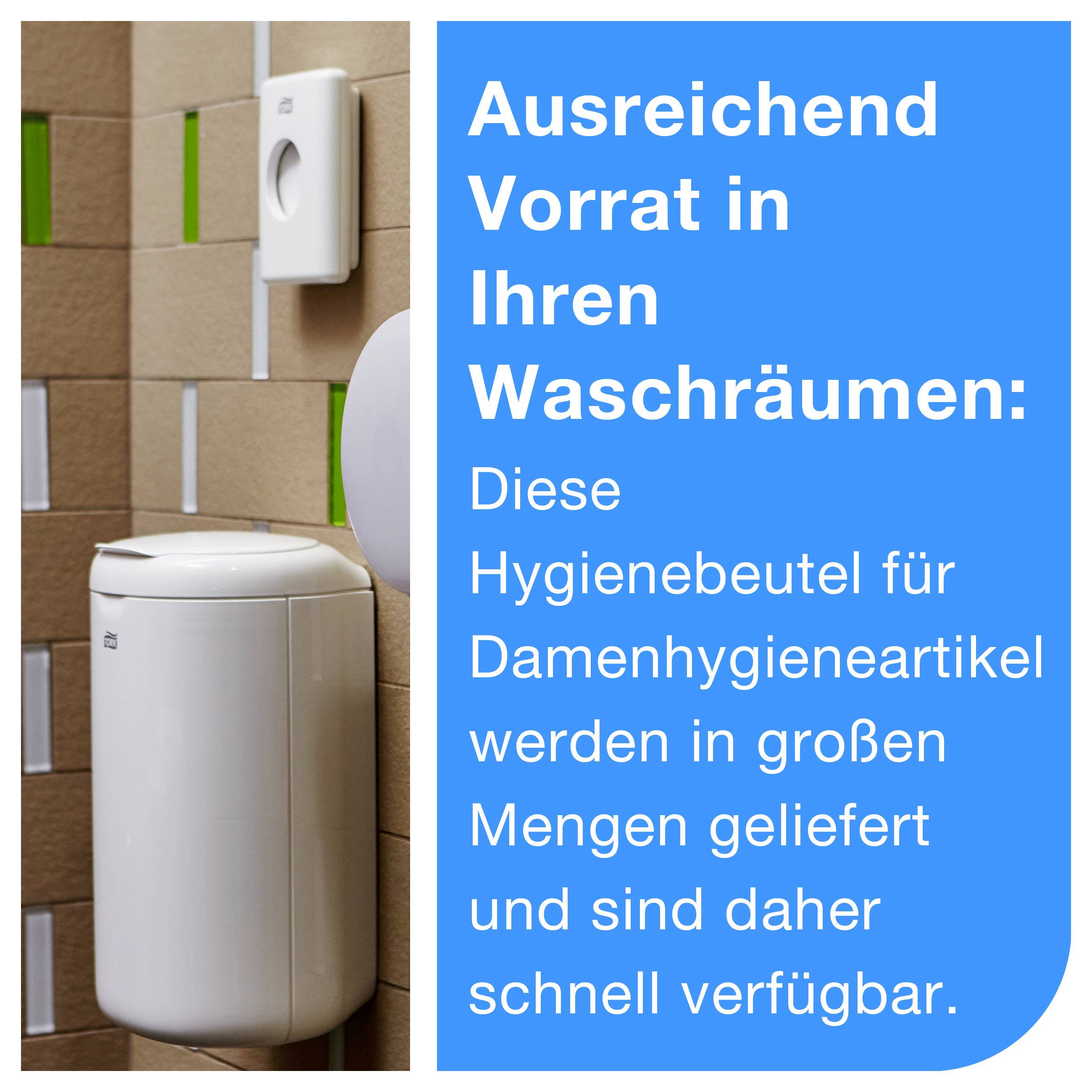 Reklamní obrázek s dispenzérem na hygienické sáčky na toaletě; Text: 'Dostatečné zásoby na vašich toaletách: Tyto hygienické sáčky na dámské hygienické potřeby se dodávají ve velkých množstvích a jsou proto rychle dostupné.'