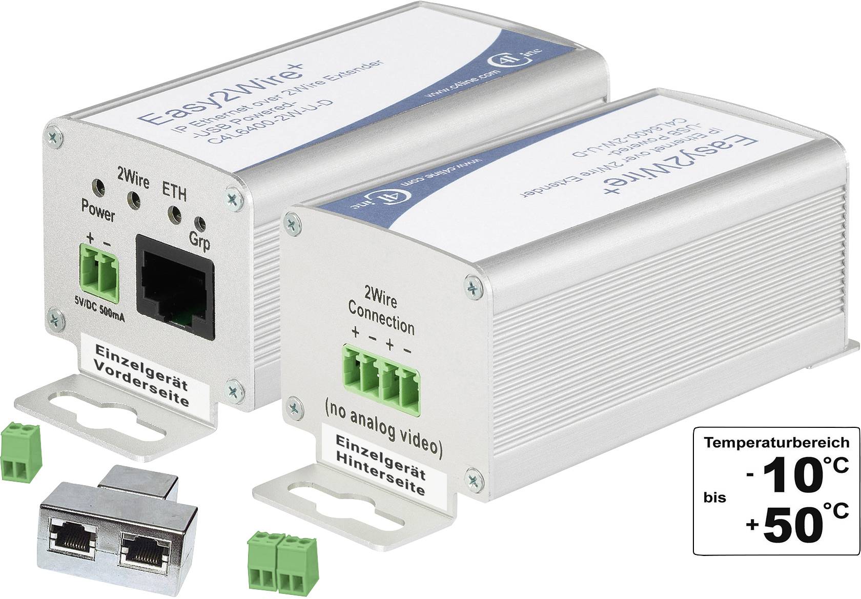 Dva přístroje nazývané Easy2Wire+ s přípojkami pro napájení, Ethernet a analogové připojení. Teplotní rozsah: -10°C až +50°C.