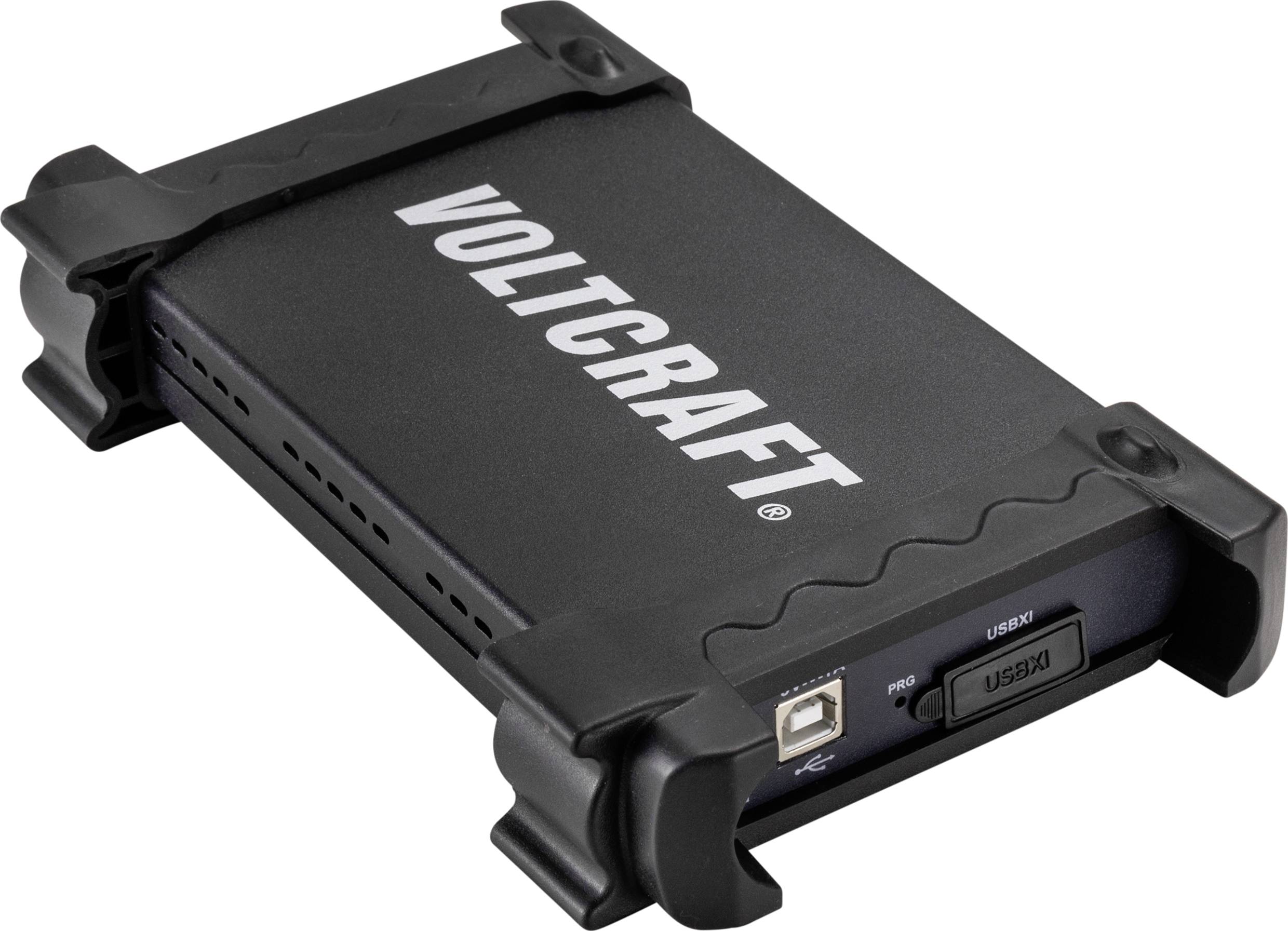 Černé zařízení Voltcraft s USB připojením a robustním tělem; pravděpodobně slouží k měření nebo regulaci elektrického proudu.