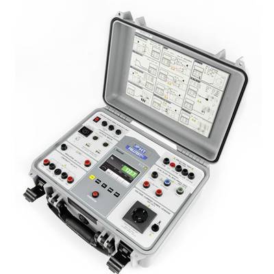 Obrázek zobrazuje elektronické testovací zařízení v otevřeném kufříku s různými ovládacími prvky a displejem, který ukazuje technické diagramy.