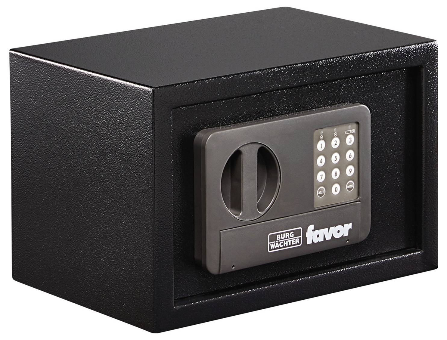 Černý trezor s digitálním číselným zámkem a otočným knoflíkem. Vpředu viditelné firemní logo 'BURG WÄCHTER favor'.