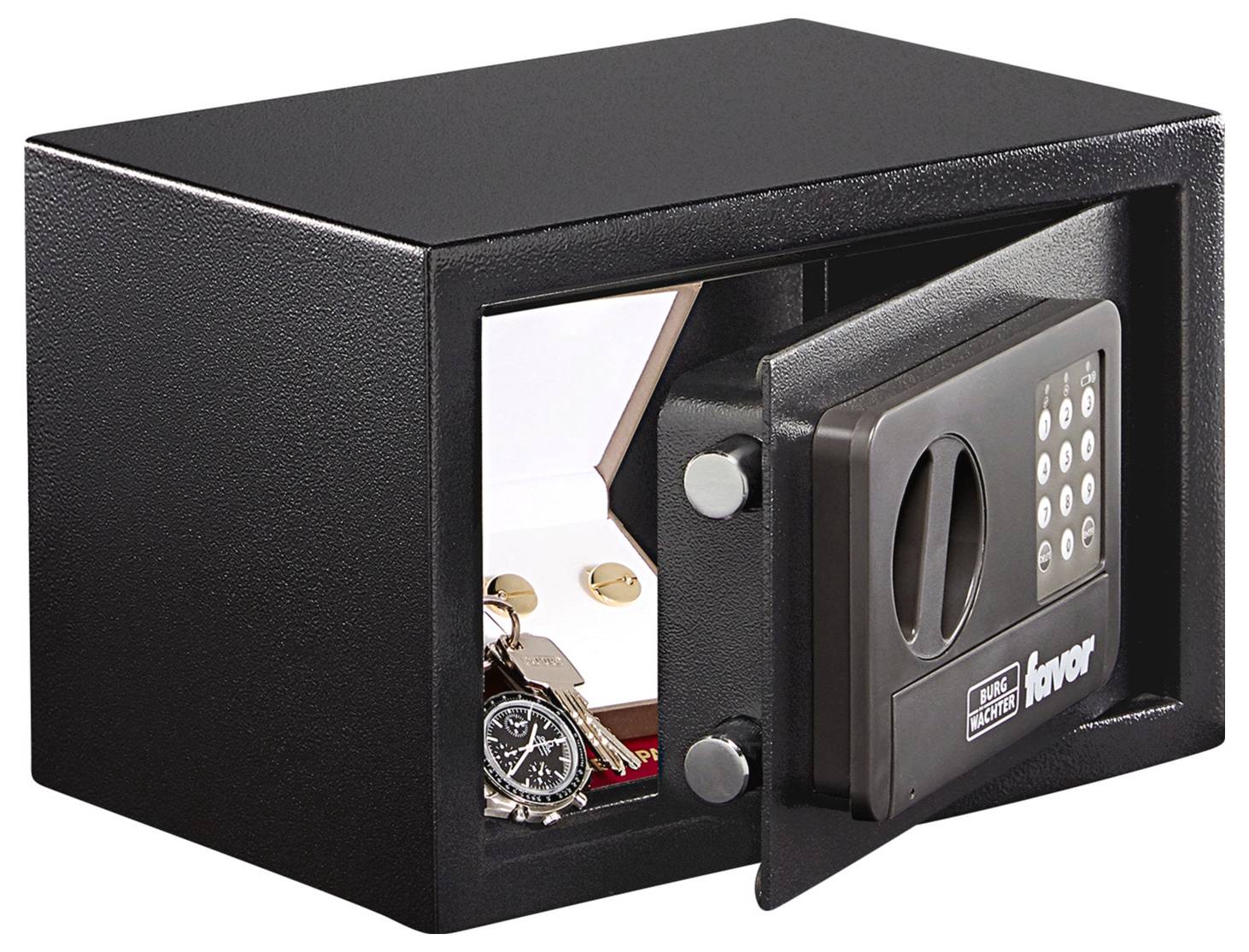 Otevřený trezor uvnitř odhaluje klíče a hodiny. Trezor má elektronickou klávesnici na dveřích.