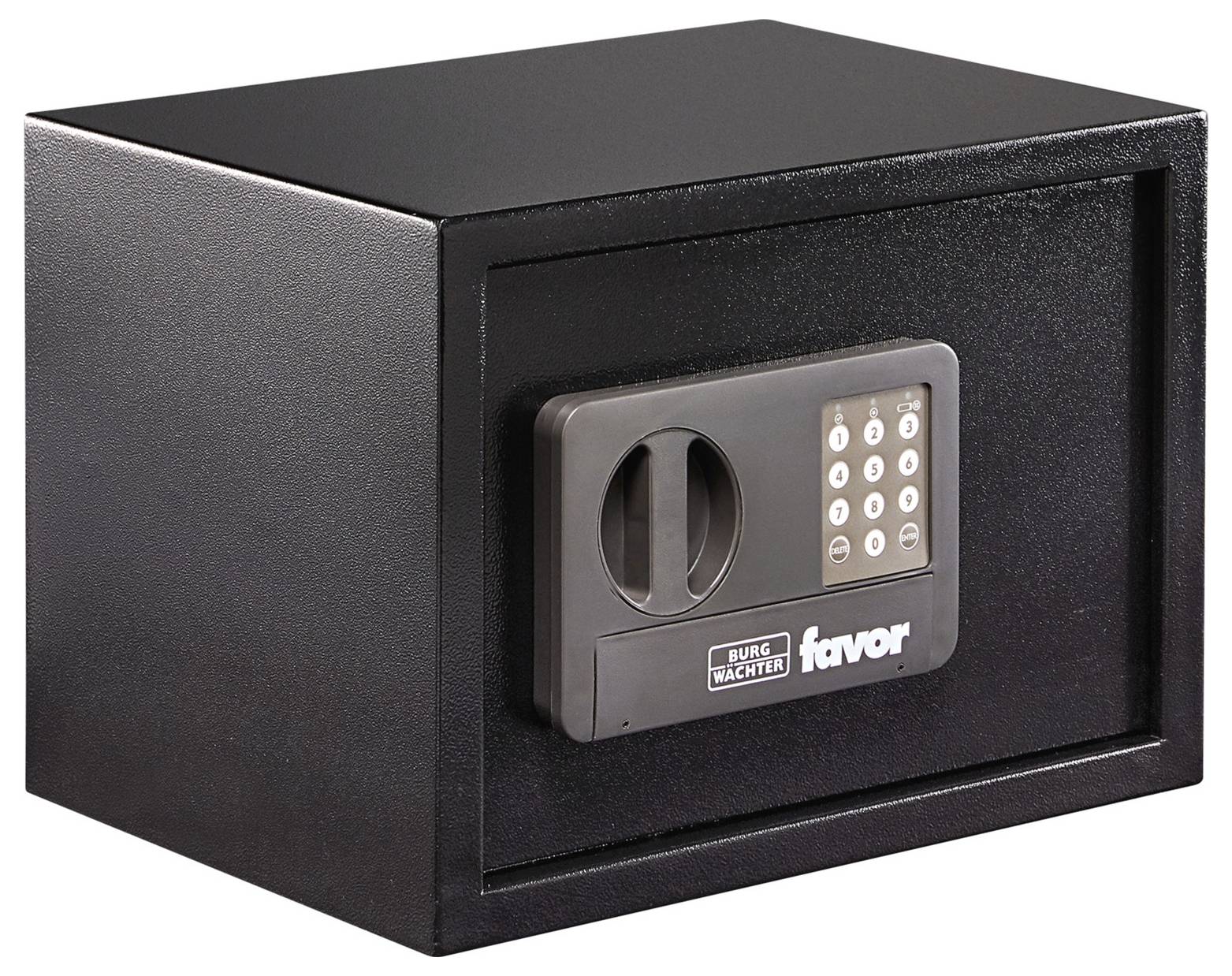Černý trezor s elektronickým číselným zámkem na přední straně. Vhodný pro bezpečné uložení cenných věcí.