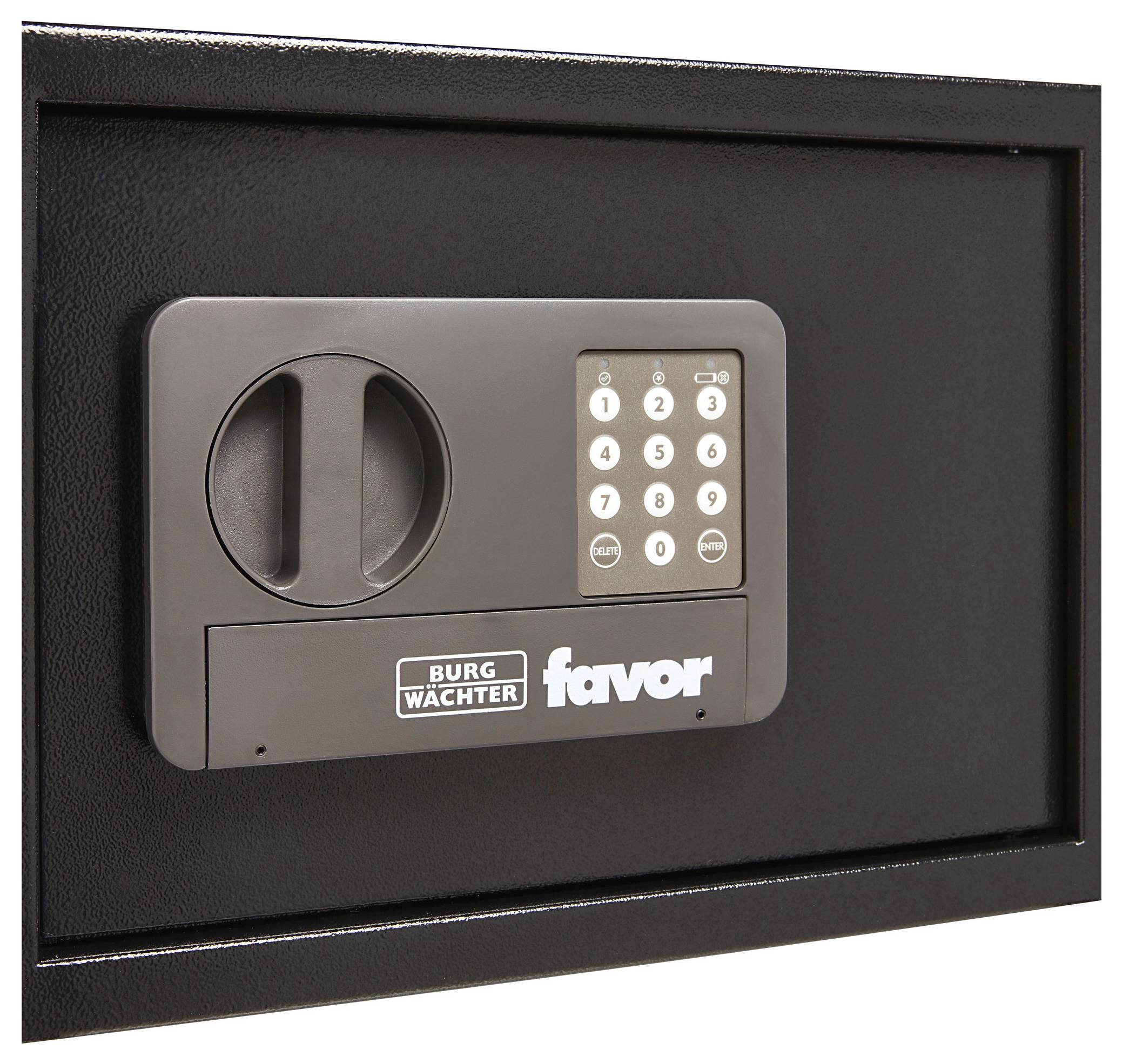 Černý elektronický trezor značky 'Burg Wächter Favor' s numerickou klávesnicí pro zadání přístupového kódu.