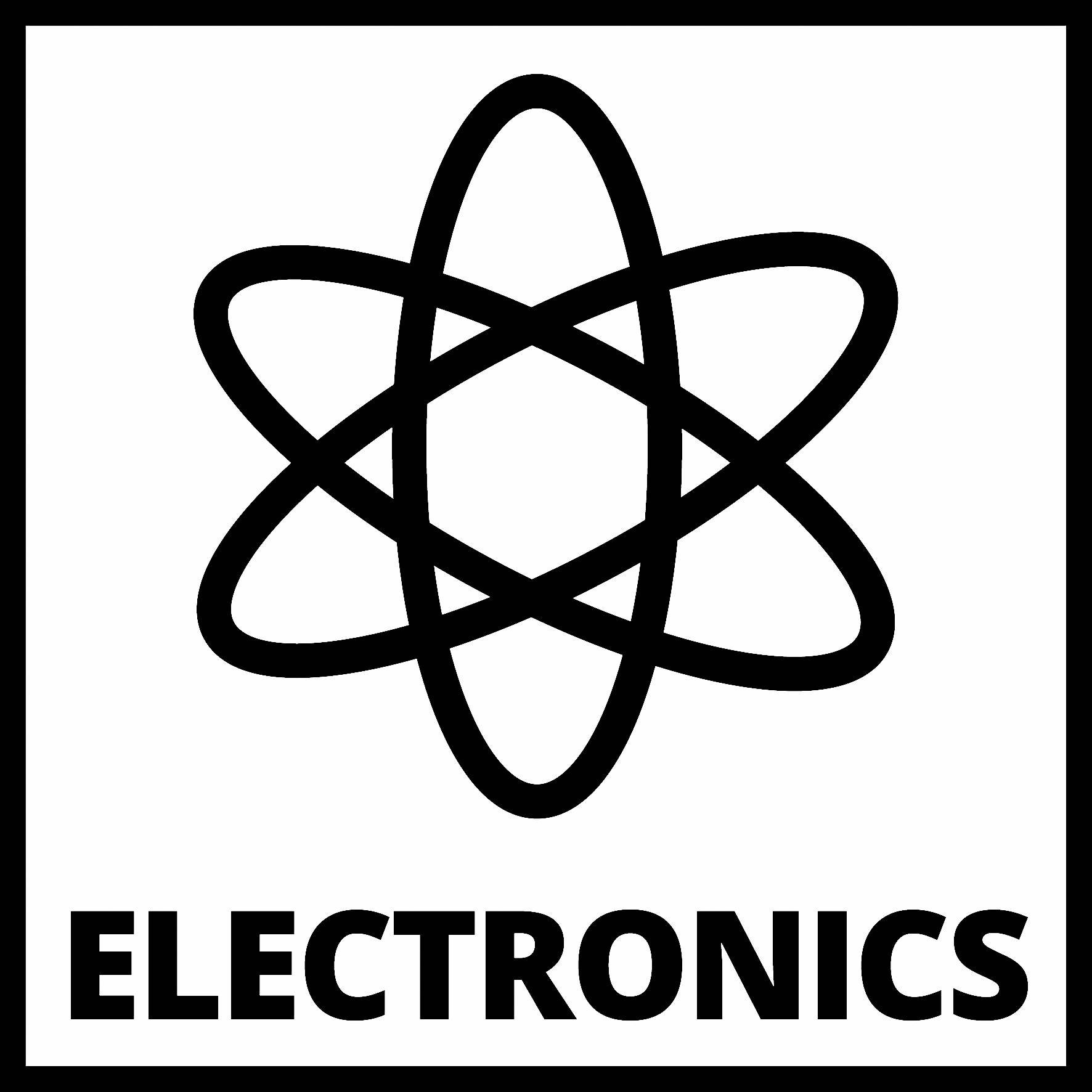 Stylizovaný atom s protínajícími se elipsami, pod nímž je text 'ELEKTRONIKA'. Symbolizuje elektroniku nebo technologii.