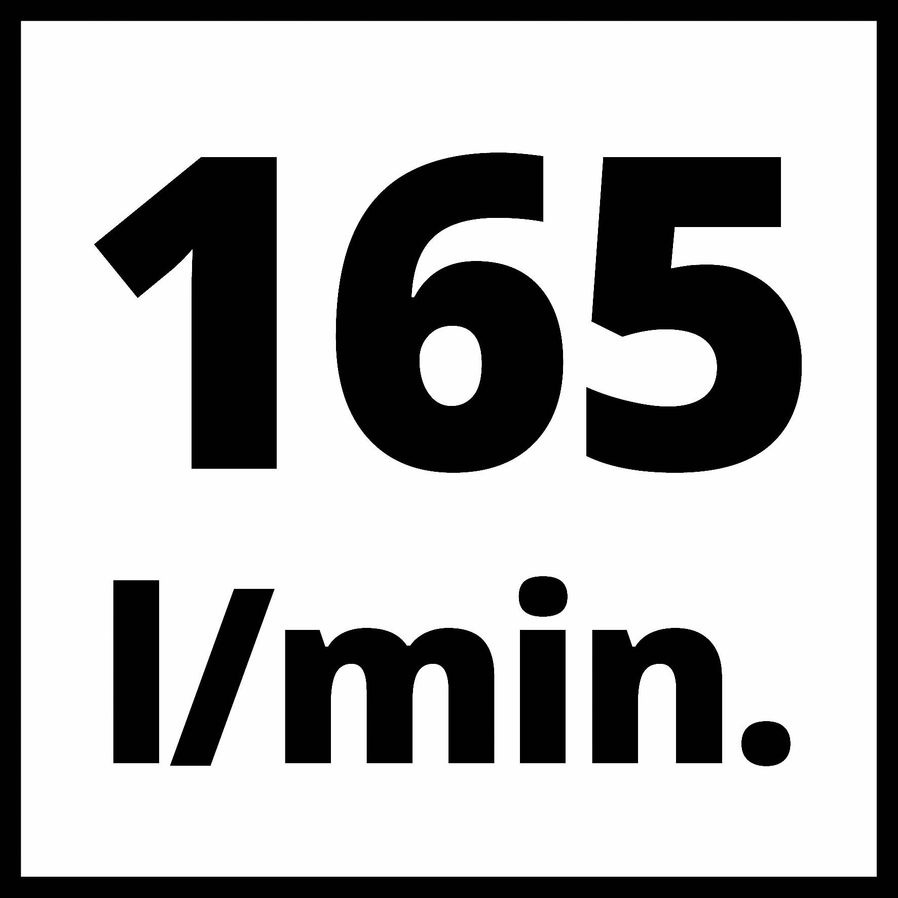 Zobrazeno černým písmem na bílém pozadí jako '165 l/min.'.