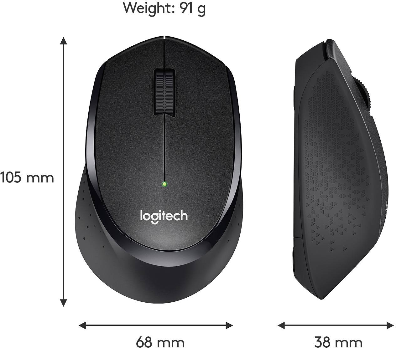 Obrázek dvou černých počítačových myší značky Logitech, vyznačujících se tichým klikáním, gumovým kolečkem a ergonomickým designem.