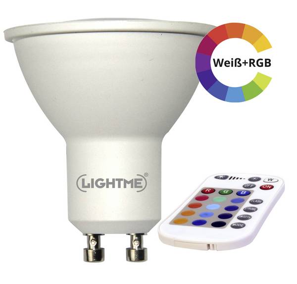 LED žárovka LightMe 220 V, 230 V, 240 V, N/A, 4.5 W = 28 W, 57 mm, RGBW, A (A++ - E) N/A měnící barvu, stmívatelná, vč. dálkového ovládání, 1 ks