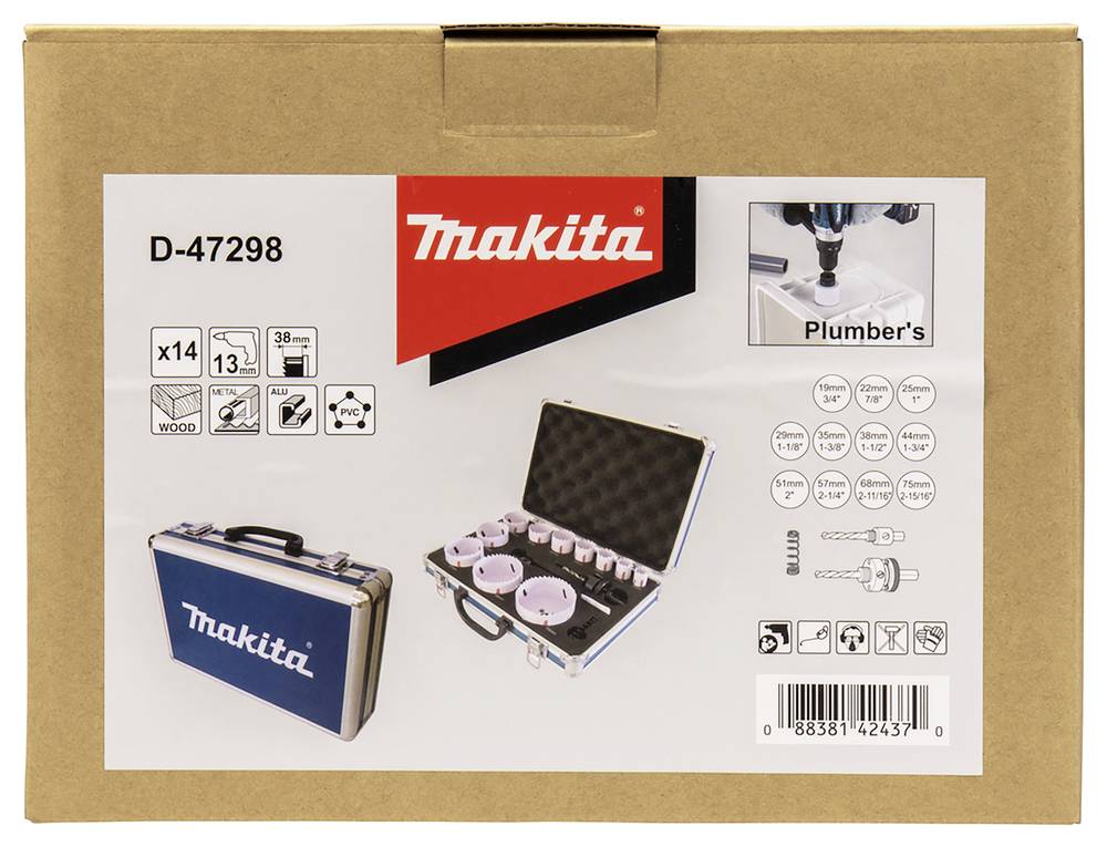 Sada nástrojů Makita D-47298 pro truhláře. Obsahuje 14 dílů pro práci se dřevem do tloušťky 38 mm. Nástroje jsou uloženy v modrém kufříku.