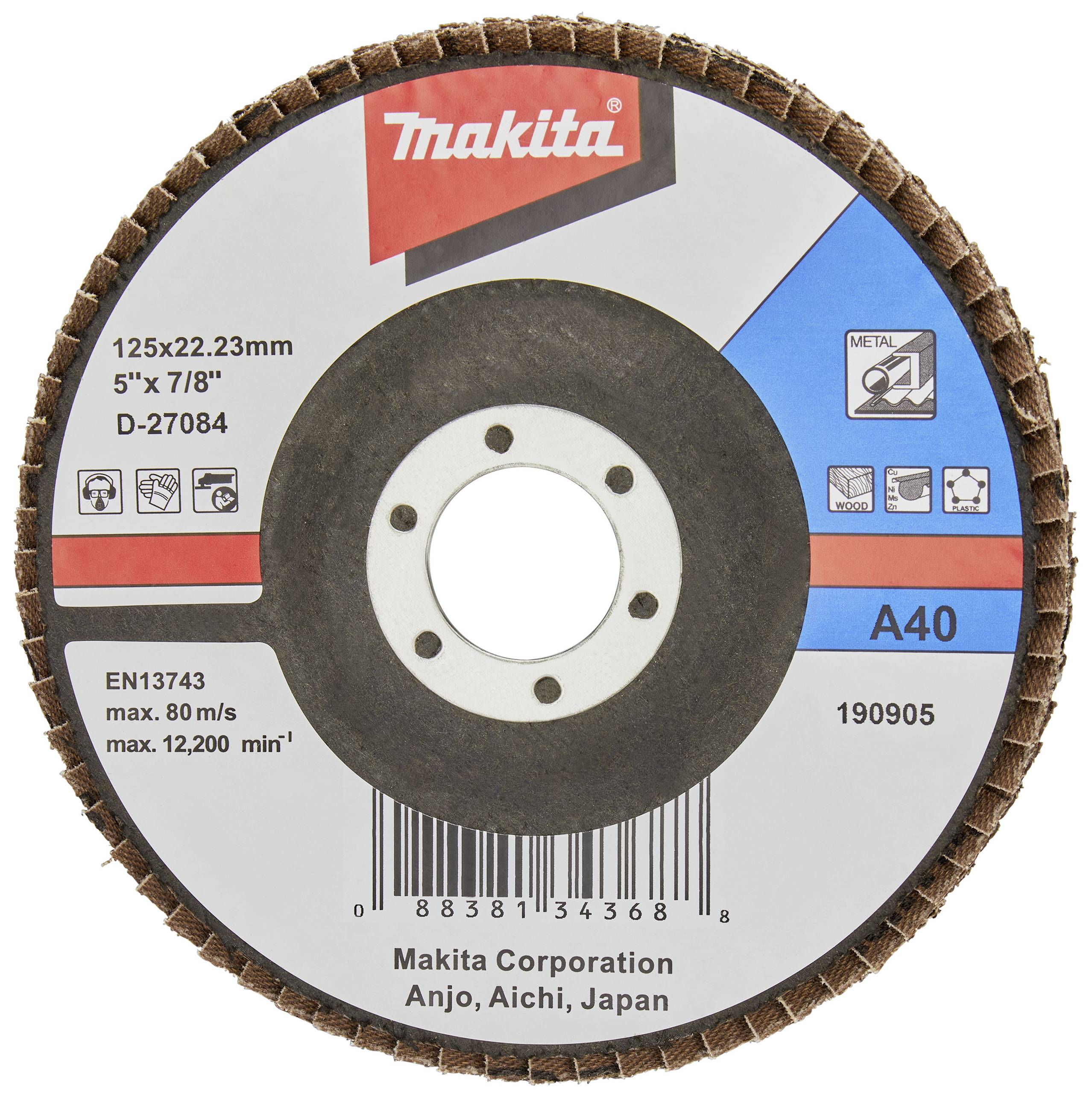 Brusný kotouč značky Makita s rozměry 125x22,23 mm, model D-27084, vhodný pro obrábění kovů.