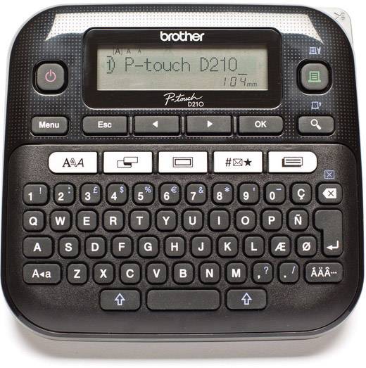 Elektronické štítkovací zařízení s displejem, klávesnicí s písmeny a symboly. Na displeji je zobrazeno 'P-touch D210'.