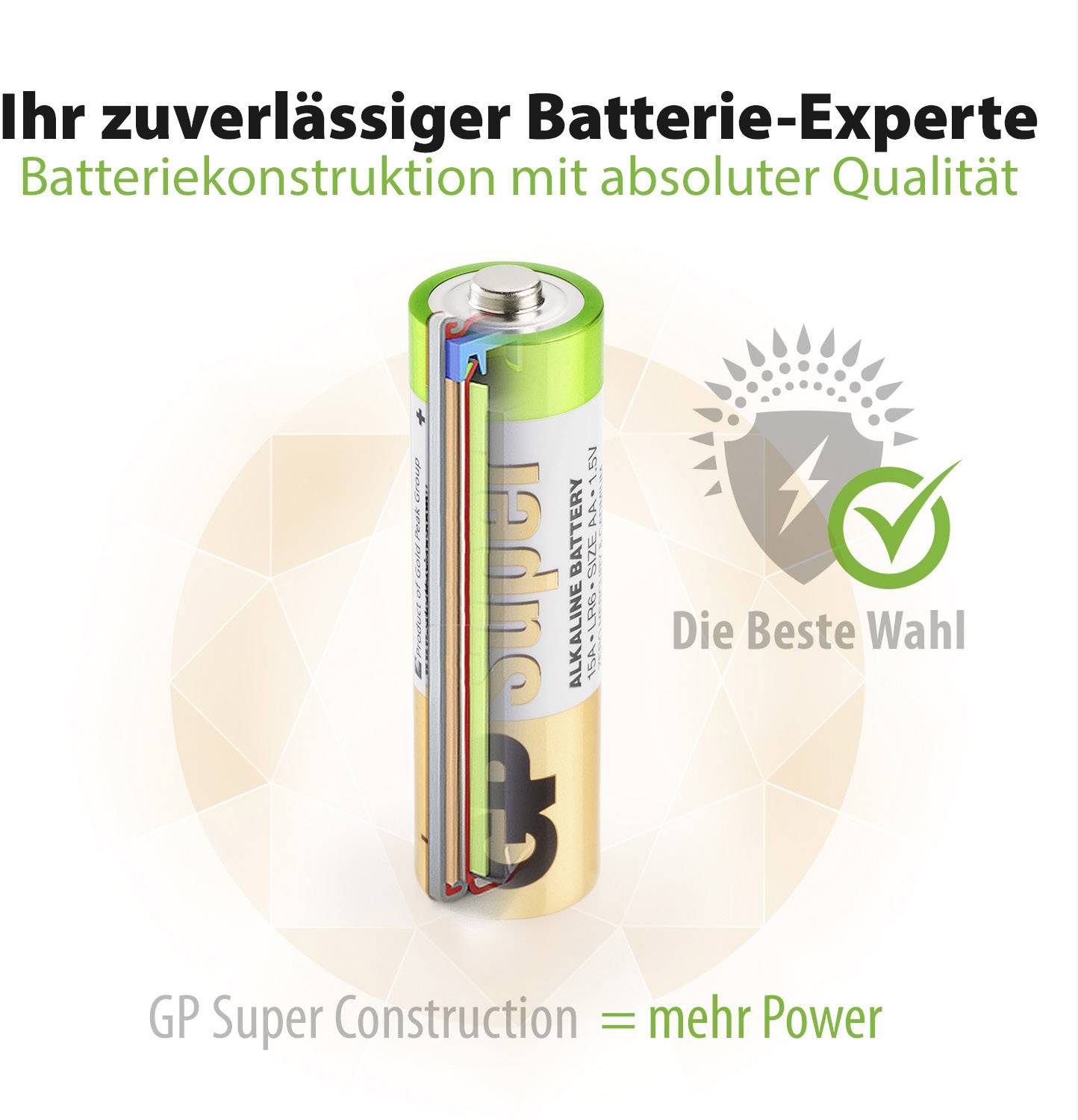 Obrázek baterie s textem: Váš spolehlivý odborník na baterie. Konstrukční provedení baterie s absolutní kvalitou. GP Super Konstrukce = více energie. Nejlepší volba.