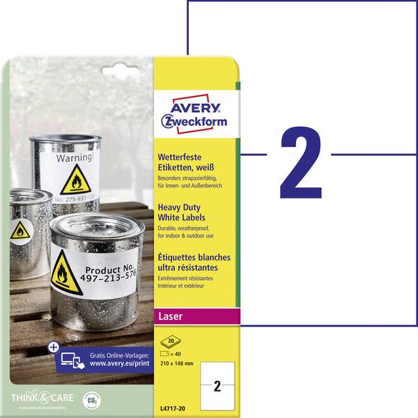 Avery-Zweckform L4717-20 Fóliové etikety  210 x 148 mm poylesterová fólie bílá 40 ks trvalé barevná laserová tiskárna, laserová tiskárna, barevná kopírka, kopírka, ruční popis