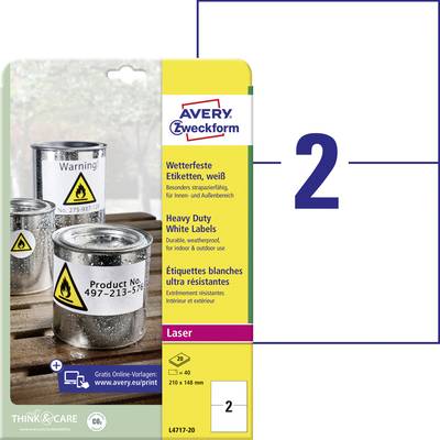 Obal etiket 'Avery Zweckform' se třemi dózami. Výstražný štítek zobrazuje výstražný symbol. Kód produktu '497213-6'. Popis etiket na obalu.